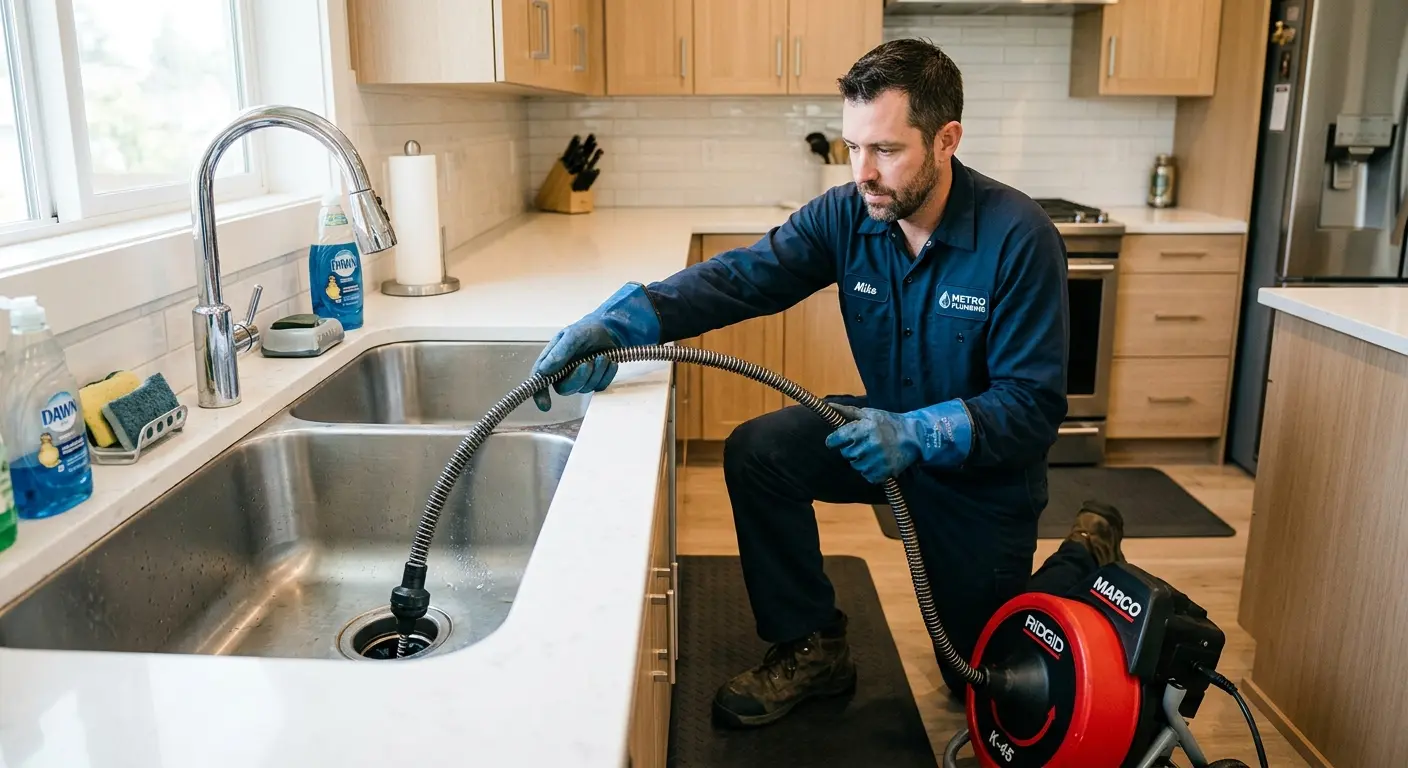 Drain cleaning technician using a motorized snake on a kitchen sink in Collinsville