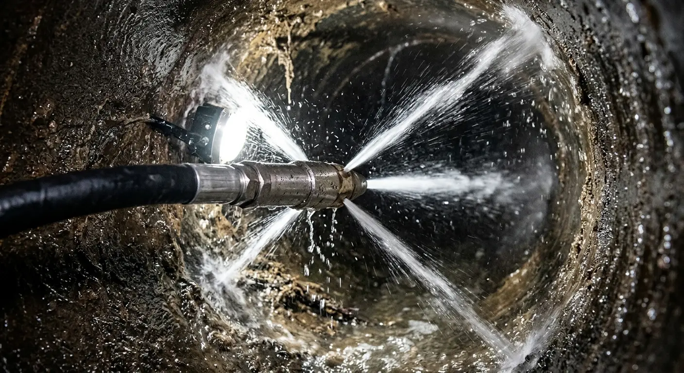 High-pressure hydro jetting nozzle cleaning sewer pipe for Sewer Cleanout in Collinsville
