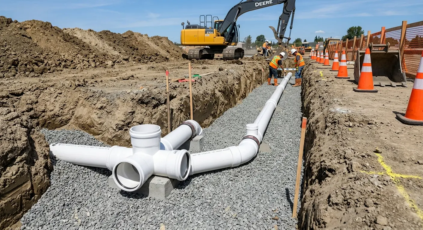 New PVC sewer pipe installation in open trench for Sewer Backup in Collinsville