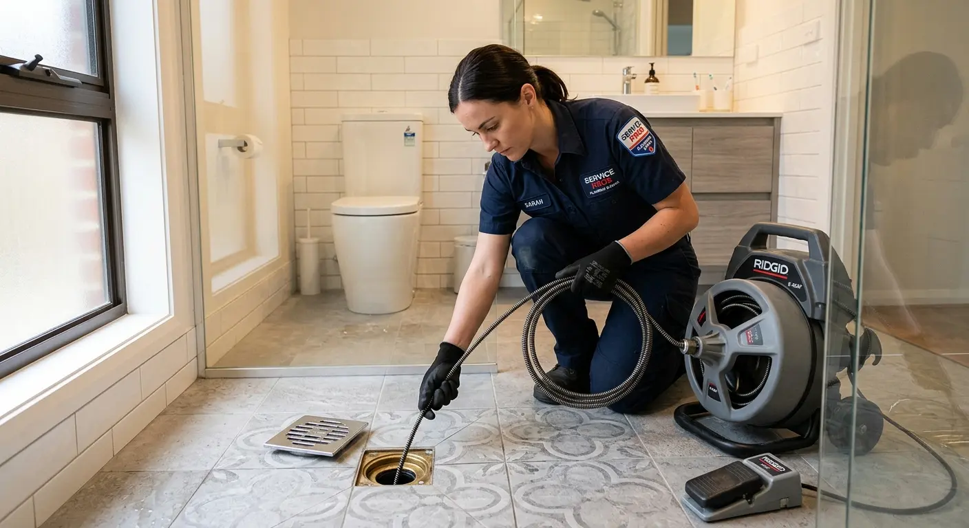 Technician clearing a bathroom floor drain for Drain Cleaning in Collinsville